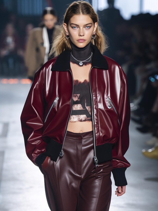 kobieta-na-wybiegu-w-bordowej-skorzanej-kurtce-w-dramatycznym-oswietleniu-sztuczna-inteligencja-wygenerowala-generatywna-sztuczna-inteligencje