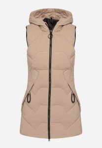 Beżowa Długa Pikowana Kamizelka na Suwak z Kapturem Teriviana