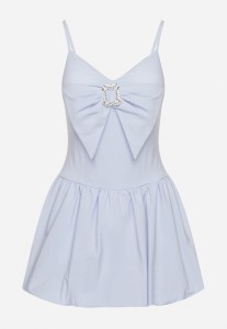 Jasnoniebieska Sukienka Bombka na Cienkich Ramiączkach z Kokardą i Cyrkoniami Paliandria