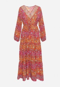 Czerwona Sukienka Rozkloszowana z Falbanką w Print Paisley Kapiss