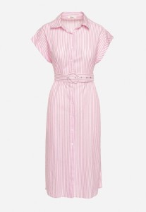 Różowa Bawełniana Sukienka Koszulowa z Materiałowym Paskiem w Talii Nelarinda