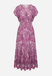 Fioletowa Rozkloszowana Kopertowa Sukienka z Bawełny o Wzorze Paisley z Gumką w Talii Zonne
