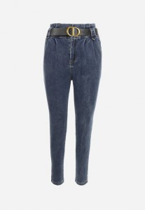 Granatowe Jeansy Mom Fit z Paskiem Humilia