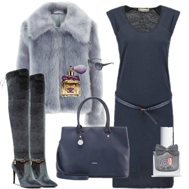 Szara klasyczna sukienka i kozaki za kolano