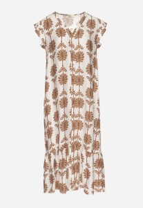 Biało-Beżowa Kwiatowa Sukienka z Bawełną i Falbanką Efanelia