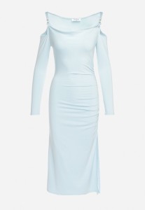 Jasnoniebieska Koktajlowa Sukienka z Wyciętym Ramionami z Klamerką i Marszczeniem Glimie