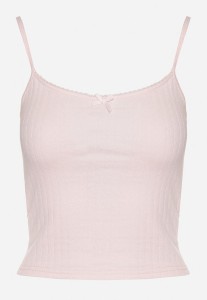 Różowy Prążkowany Top z Wiskozą na Ramiączkach Zdobiony Kokardką Iffomare