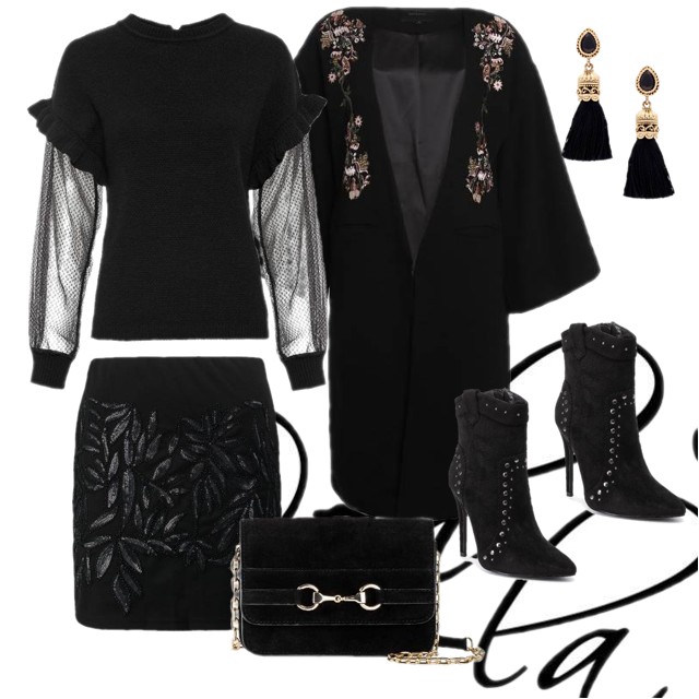 Spódnica midi wieczorowa w połączeniu z elegancką bluzką i botkami nabijanymi ćwiekami