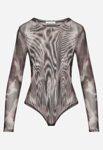 Brązowe Dopasowane Body Longsleeve z Siateczkowego Materiału z Wiskozą Listaria
