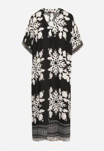 Czarna Sukienka Pudełkowa z Wiskozy z Dekoltem w Serek w Etniczny Wzór Abrellis