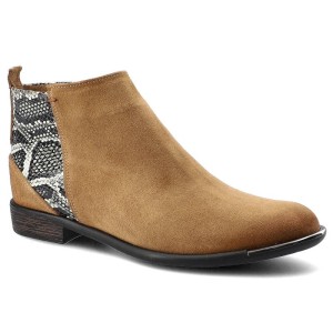 Botki damskie Carinii, naturalna skóra zamszowa z kontrastową wstawką o fakturze skóry węża z tyłu cholewki oraz niskim stabilnym obcasem, rude, B567