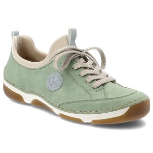 Półbuty damskie Rieker, cholewka skóra ekologiczna wsuwane niski fason zaokrąglony nosek kontrastowe elementy kolorystyczne pętla z tyłu masywna lini