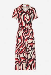 Czerwona Sukienka Koszulowa w Geometryczny Wzór z Paskiem Zimorae