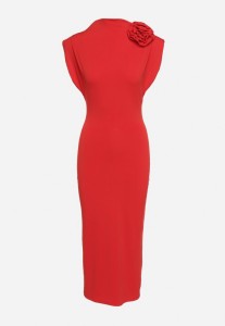 Czerwona Sukienka Midi Dopasowana z Ozdobną Broszką w Kształcie Kwiatka Agnolia