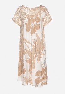 Beżowa Sukienka z Wiskozy o Rozkloszowanym Kroju w Roślinny Wzór Miratiela
