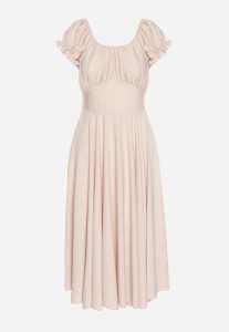 Beżowa Sukienka z Bawełną Typu Hiszpanka z Ozdobnymi Bufkami Lunaleia