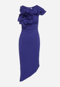 Niebieska Asymetryczna Sukienka Koktajlowa Vices z Falbankami i Kwiatem 3D Tolaseia