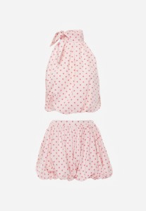 Różowy Bawełniano-Wiskozowy Komplet Balloon w Groszki Wiązany Top i Szorty Luxina