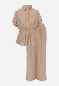 Beżowy Wiskozowy Komplet Spodnie i Bluzka Koszulowa z Wiązaniem w Talii Irinryss