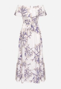 Niebiesko-Biała Sukienka Hiszpanka o Rozkloszowanym Kroju z Wiązanym Paskiem Sesiniela