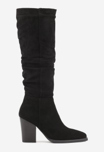 Czarne Kozaki na Słupku z Marszczoną Cholewką z Imitacji Zamszu Raivelle