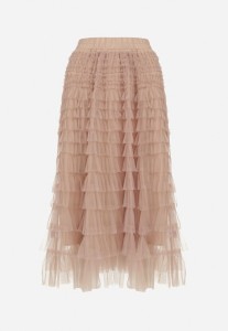 Beżowa Spódnica z Gumką w Pasie i Zdobieniami Tiulowymi Elesia