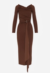 Brązowa Dopasowana Sukienka z Ozdobnym Marszczeniem Trenem i Rozcięciem Alutria