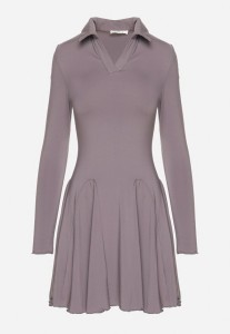 Szara Rozkloszowana Sukienka z Wiskozą Ozdobiona Kołnierzykiem Mirettia