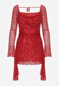 Czerwona Dopasowana Sukienka VICES Zdobiona Cekinami i Wiązaniem Alethrolphi