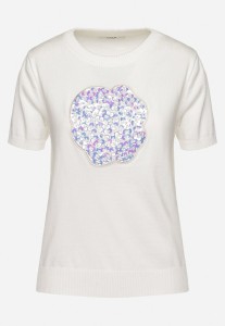 Biała Wiskozowa Bluzka z Naszywką Ozdobioną Cekinami i Kryształkami Ledgia