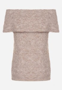 Beżowya Dzianinowa Bluzka Top z Hiszpańskim Dekoltem z Wełną Inathiel