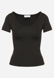 Czarny T-shirt z Wiskozą o Dopasowanym Kroju z Dekoltem w Serek Folarisse