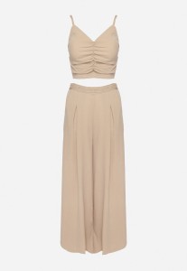 Beżowy Komplet z Wiskozą Top z Usztywnianymi Miseczkami i Szerokie Spodnie Lortebis