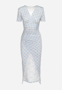 Niebieska Dopasowana Sukienka Koktajlowa Ozdobiona Marszczeniem Saarias