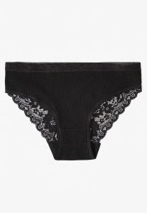 Czarne Prążkowane Majtki Figi z Bawełny Zdobione Koronką Erwelia