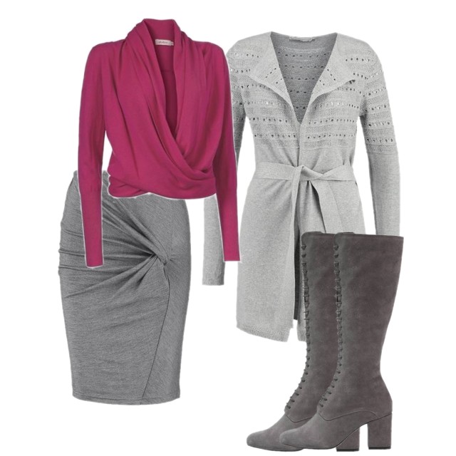 Bordowa bluzka z szarą ołówkową spódnicą 