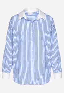Niebieska Koszula w Paski o Kroju Oversize z Kontrastującymi Wstawkami Menestra