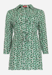 Zielona Koszulowa Sukienka Mini w Kwiaty z Materiałowym Paskiem i Podpinanymi Rękawami Isamone