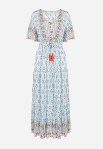 Jasnoniebieska Sukienka Maxi z Gumką i Sznurkiem z Chwostami w Pasie Maryse