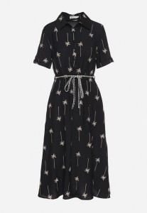 Czarna Rozkloszowana Sukienka z Wiskozy o Koszulowym Kroju z Wiązanym Paskiem Lisalinea