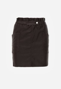 Ciemnobrązowa Spódnica Mini z Ekoskóry z Gumką w Pasie i Kieszeniami Kirti