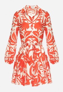 Pomarańczowa Rozkloszowana Sukienka Mini z Paskiem Zdobiona Abstrakcyjnym Wzorem Frelia