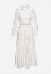 Biały Koronkowy Komplet z Wiskozy Spódnica i Bluzka z Ażurowymi Wstawkami Mintta