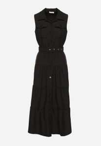 Czarna Koszulowa Sukienka Ozdobiona Paskiem Mavorelle