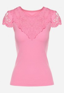 Różowy Prążkowany T-shirt z Koronkową Wstawką Glilama