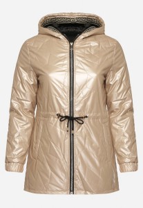 Złota Kurtka Pikowana Parka z Nieodpinanym Kapturem Oferra