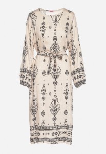 Jasnobeżowa Sukienka we Wzory Boho Pudełkowa z Paskiem w Talii Lisanea