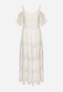 Biała Rozkloszowana Wiskozowa Sukienka na Ramiączkach z Koronką Lerika