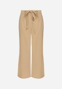 Ciemnobeżowe Spodnie Szerokie z Wiązaniem w Pasie Paper Bag Tisallas
