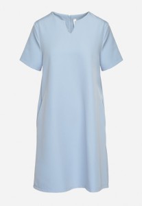 Niebieska Sukienka Trapezowa Mini z Kieszeniami Hreona